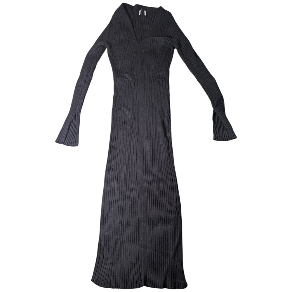 Women's Long Black Ribbed Dress Long Sleeve - Please See Pics Of Measurements